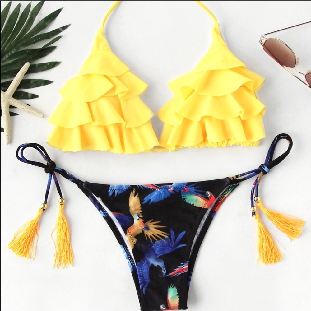 Host Pick! Bird print tassel tie flounce bikini S